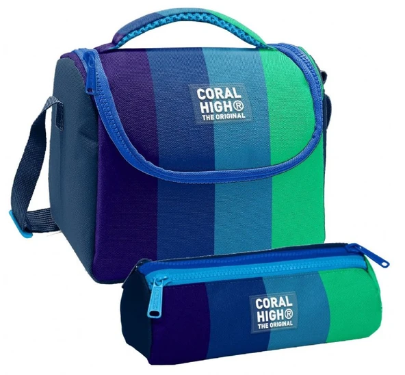 Coral High Erkek Çocuk Lacivert Yeşil Renkli Çizgili Thermo Beslenme Çantası ve Üç Bölmeli Kalemlik Seti ürün görseli 1
