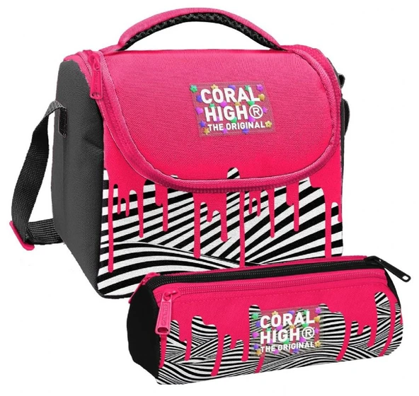 Coral High Kız Çocuk Pembe Siyah Beyaz Boya Desenli Thermo Beslenme Çantası ve Üç Bölmeli Kalemlik Seti ürün görseli 1
