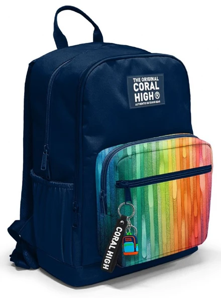 Coral High İlkokul ve Ortaokul Sırt Çantası - Erkek Çocuk, Lacivert Çok Renkli Çizgi Desenli, Dört Bölmeli ürün görseli 1