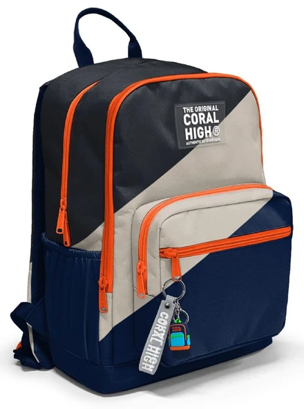 Coral High İlkokul ve Ortaokul Sırt Çantası - Erkek Çocuk, Lacivert Bej Renkli Çizgili, Dört Bölmeli ürün görseli 1