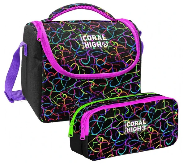 Coral High Kız Çocuk Kalp Baskılı Siyah Pembe Thermo Beslenme Çantası ve İki  Bölmeli Kalemlik Seti ürün görseli 1