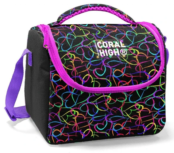 Coral High Thermo Beslenme Çantası - Kız Çocuk, Kalp Baskılı Siyah Pembe ürün görseli 1