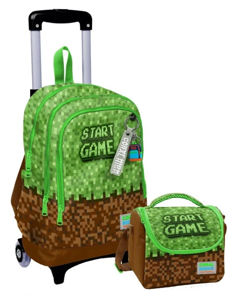 Coral High Işıklı Tekerlekli Çekçek Okul Çanta + Isı Yalıtımlı Beslenme Çantası - Erkek Çocuk - Yeşil Kahverengi Craft ürün görseli 1