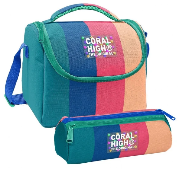 Coral High Kız Çocuk Yeşil Mavi Pembe Renkli Çizgili Thermo Beslenme Çantası ve Üç Bölmeli Kalemlik Seti ürün görseli 1