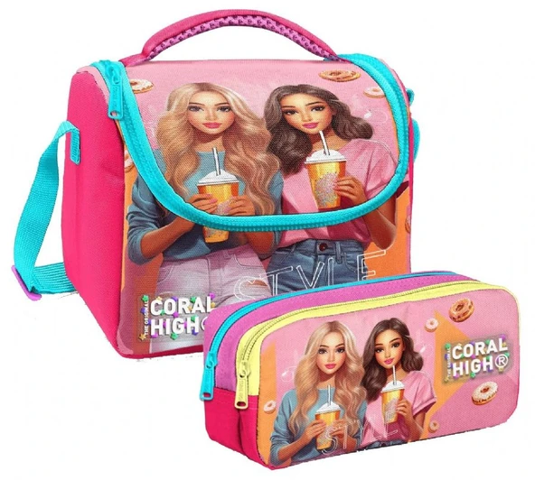 Coral High Kız Çocuk Pembe Kırmızı Fashion Girl Thermo Beslenme Çantası ve İki  Bölmeli Kalemlik Seti ürün görseli 1