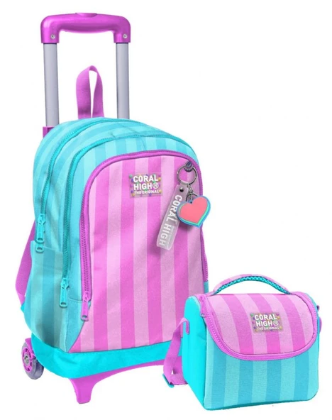 Coral High Işıklı Tekerlekli Çekçek Okul Çanta + Isı Yalıtımlı Beslenme Çantası - Kız Çocuk - Turkuaz Pembe Çizgili ürün görseli 1