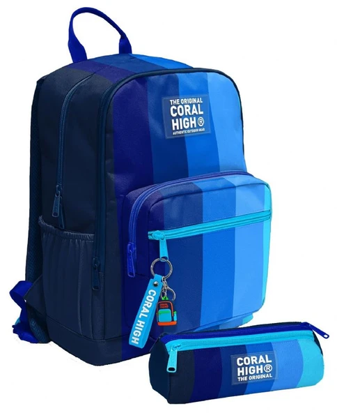 Coral High Erkek Çocuk Dört Gözlü Okul Sırt Çantası ve  Kalemlik Seti - Lacivert Mavi Renk Geçişli Çizgili - İlkokul ve Ortaokul İçin Uygun ürün görseli 1