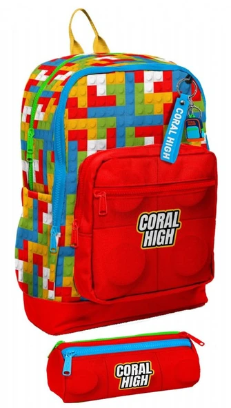 Coral High İlkokul Erkek Çocuklarına Özel Dört Gözlü Sırt Çantası ve Kalemlik Seti- Kırmızı Yapı Blokları ürün görseli 1