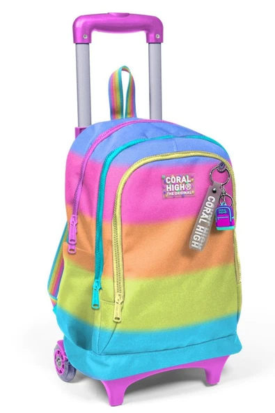 Coral High Işıklı Tekerlekli Çekçek Okul Çantası - 3 Bölmeli, 2'li Sap Ayarı, Pembe Yeşil Çok Renkli (Kız Çocuk) 23970 ürün görseli 1
