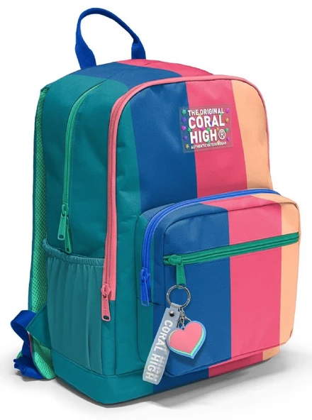 Coral High İlkokul ve Ortaokul Sırt Çantası - Kız Çocuk, Yeşil Mavi Pembe Renkli Çizgili, Dört Bölmeli ürün görseli 1