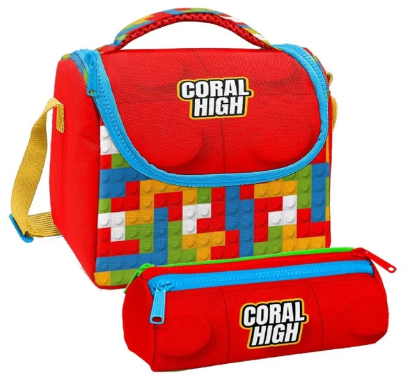 Coral High Erkek Çocuk Kırmızı Yapı Blokları Thermo Beslenme Çantası ve Üç Bölmeli Kalemlik Seti ürün görseli 1