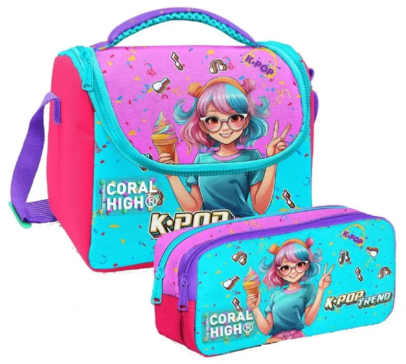 Coral High Kız Çocuk Pembe K-Pop Dondurmalı Kız Thermo Beslenme Çantası ve İki Bölmeli Kalemlik Seti ürün görseli 1