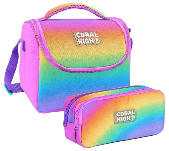 Coral High Kız Çocuk Çok Renkli Renk Geçişli Gradyan Thermo Beslenme Çantası ve İki Bölmeli Kalemlik Seti ürün görseli 1