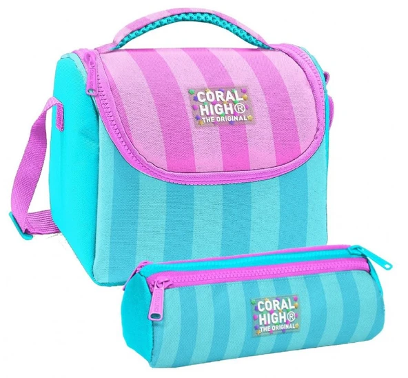Coral High Kız Çocuk Turkuaz Pembe Çizgili Thermo Beslenme Çantası ve Üç Bölmeli Kalemlik Seti ürün görseli 1