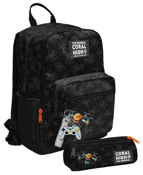 Coral High Erkek Çocuk Dört Gözlü Okul Sırt Çantası ve  Kalemlik Seti - Drone Pilotu Siyah - İlkokul ve Ortaokul İçin Uygun ürün görseli 1