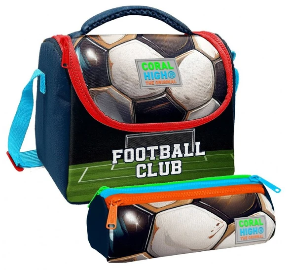 Coral High Erkek Çocuk Lacivert Yeşil Futbol Thermo Beslenme Çantası ve Üç Bölmeli Kalemlik Seti ürün görseli 1