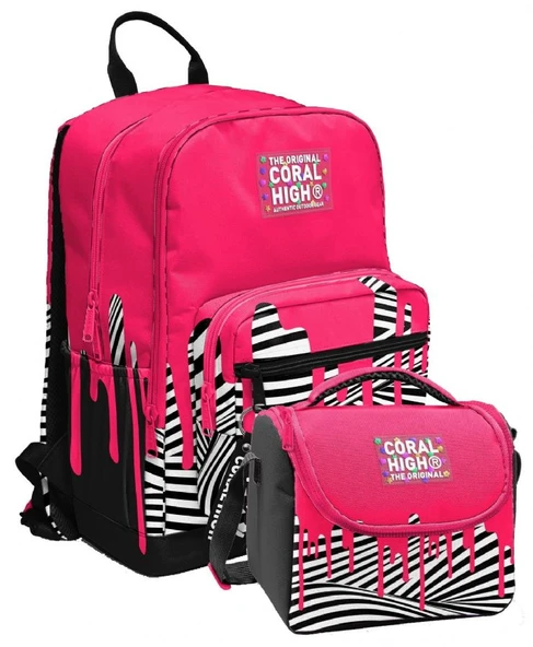 Coral High İlkokul ve Ortaokul Sırt Çantası ve Beslenme Seti - Kız Çocuklar İçin Pembe Siyah Beyaz Boya Desenli ürün görseli 1