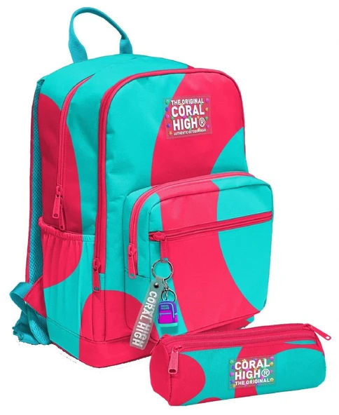 Coral High Kız Çocuk Dört Gözlü Okul Sırt Çantası ve  Kalemlik Seti - Kırmızı Turkuaz Renkli Çizgili - İlkokul ve Ortaokul İçin Uygun ürün görseli 1
