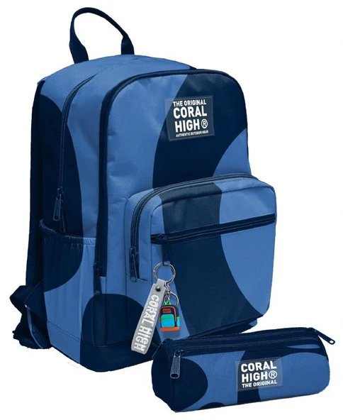 Coral High Erkek Çocuk Dört Gözlü Okul Sırt Çantası ve  Kalemlik Seti - Lacivert Mavi Renkli Çizgili - İlkokul ve Ortaokul İçin Uygun ürün görseli 1