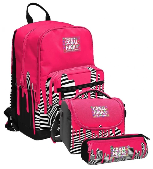 Coral High İlkokul ve Ortaokul Okul Çanta Üçlüsü - Kız Çocuk, Pembe Siyah Beyaz Boya Desenli ürün görseli 1