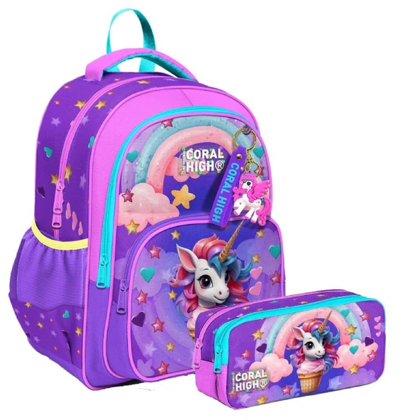 Coral High İlkokul Sırt Çantası ve İki Bölmeli Kalemlik - Kız Çocuk - Mor Pembe Dondurma Unicorn ürün görseli 1