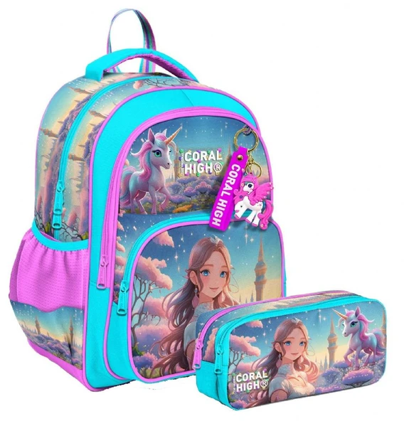 Coral High İlkokul Sırt Çantası ve İki Bölmeli Kalemlik - Kız Çocuk - Turkuaz Pembe Anime Kız ürün görseli 1