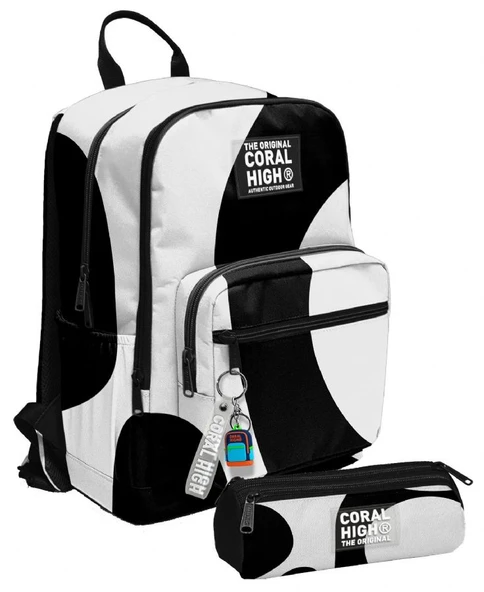 Coral High Erkek Çocuk Dört Gözlü Okul Sırt Çantası ve  Kalemlik Seti - Renkli Çizgili Siyah Beyaz - İlkokul ve Ortaokul İçin Uygun ürün görseli 1