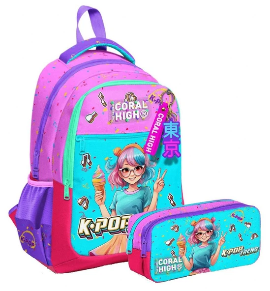 Coral High Üç Bölmeli İlkokul Sırt Çantası ve İki Bölmeli Kalemlik - Kız Çocuk - Pembe K-Pop Dondurmalı Kız ürün görseli 1