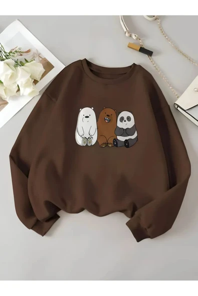Kafadar Ayılar Baskılı kız - erkek çocuk sweatshirt sıfır yaka Şardonlu Kışlık ürün görseli 1