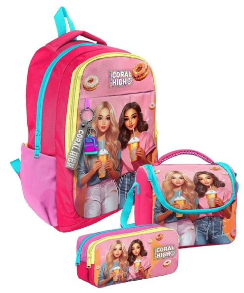 Coral High Üç Bölmeli Kız Çocuk, Pembe Kırmızı Fashion Girl, İlkokul ve Ortaokul Üçlü Okul Çanta Seti ürün görseli 1