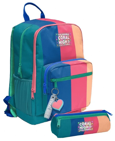 Coral High Kız Çocuk Dört Gözlü Okul Sırt Çantası ve  Kalemlik Seti - Yeşil Mavi Pembe Renkli Çizgili - İlkokul ve Ortaokul İçin Uygun ürün görseli 1