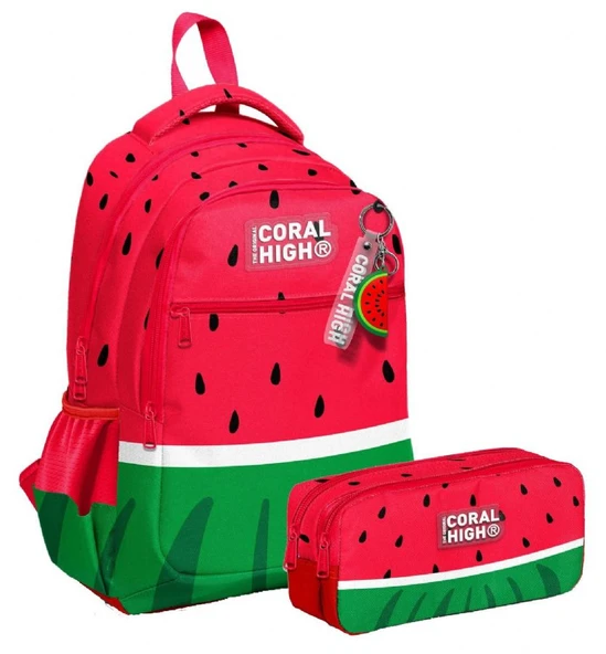 Coral High Üç Bölmeli İlkokul Sırt Çantası ve İki Bölmeli Kalemlik - Erkek Çocuk - Kırmızı Yeşil Karpuz ürün görseli 1