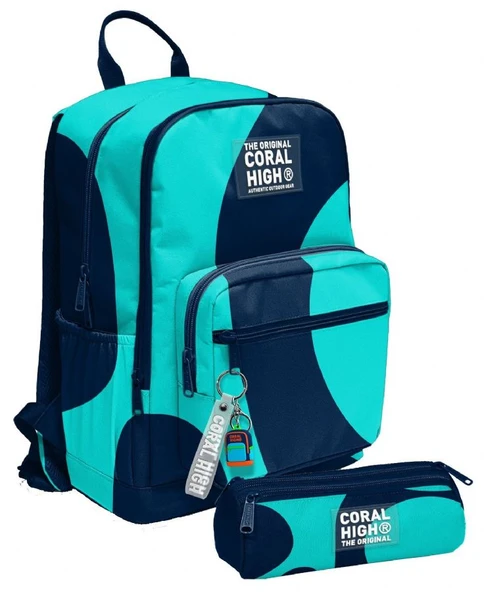 Coral High Erkek Çocuk Dört Gözlü Okul Sırt Çantası ve  Kalemlik Seti - Lacivert Turkuaz Renkli Çizgili - İlkokul ve Ortaokul İçin Uygun ürün görseli 1