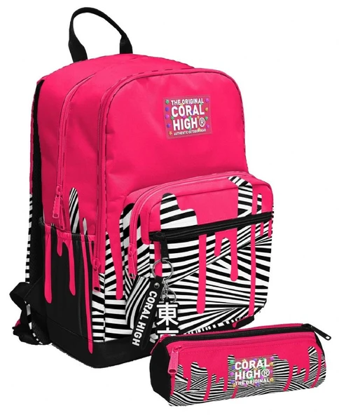 Coral High Kız Çocuk Dört Gözlü Okul Sırt Çantası ve  Kalemlik Seti - Pembe Siyah Beyaz Boya Desenli - İlkokul ve Ortaokul İçin Uygun ürün görseli 1