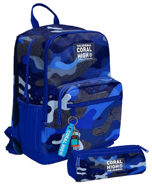 Coral High Erkek Çocuk Dört Gözlü Okul Sırt Çantası ve  Kalemlik Seti - Mavi Lacivert Kamuflaj - İlkokul ve Ortaokul İçin Uygun ürün görseli 1