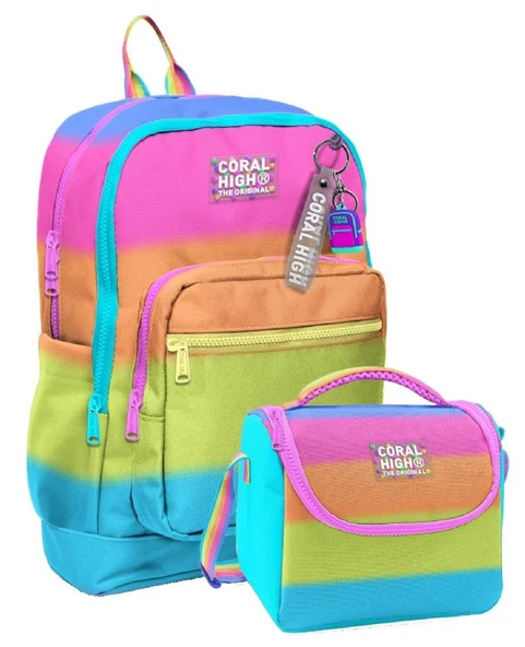 Coral High Kız Çocuklar İçin Dayanıklı İkili İlk Okul Çanta Seti  - Pembe Turuncu Renk Geçişli ürün görseli 1