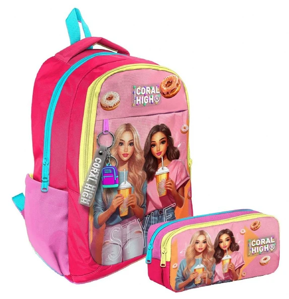 Coral High İlkokul/Ortaokul Sırt Çantası ve İki Bölmeli Kalemlik Seti - Kız Çocuk - Pembe Kırmızı Fashion Girl ürün görseli 1