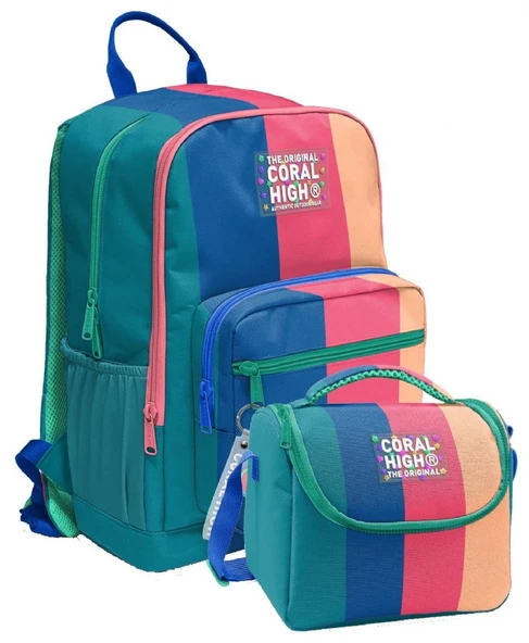 Coral High İlkokul ve Ortaokul Sırt Çantası ve Beslenme Seti - Kız Çocuklar İçin Yeşil Mavi Pembe Renkli Çizgili ürün görseli 1