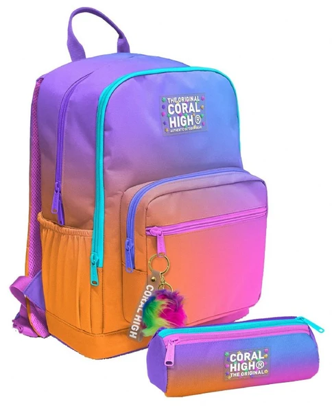 Coral High Kız Çocuk Dört Gözlü Okul Sırt Çantası ve  Kalemlik Seti - Turuncu Mor Renk Geçişli - İlkokul ve Ortaokul İçin Uygun ürün görseli 1
