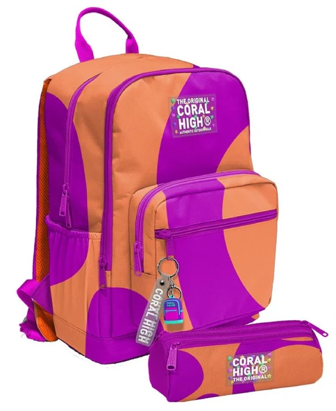 Coral High Kız Çocuk Dört Gözlü Okul Sırt Çantası ve  Kalemlik Seti - Turuncu Mor Renkli Çizgili - İlkokul ve Ortaokul İçin Uygun ürün görseli 1