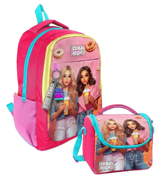 Coral High Kız Çocuk İlk ve Ortaokul Sırt Çantası ve Beslenme Çantası - Pembe Kırmızı Fashion Girl ürün görseli 1