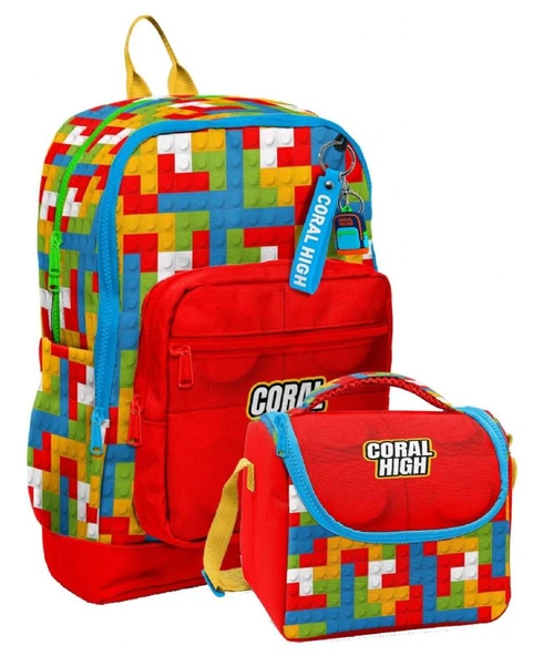 Coral High Erkek Çocuklar İçin Dayanıklı İkili İlk Okul Çanta Seti  - Kırmızı Yapı Blokları ürün görseli 1