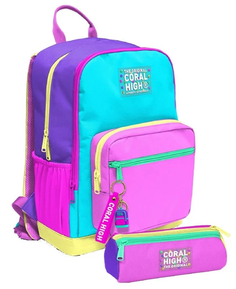 Coral High Kız Çocuk Dört Gözlü Okul Sırt Çantası ve  Kalemlik Seti - Mor Yeşil Pembe Çok Renkli - İlkokul ve Ortaokul İçin Uygun ürün görseli 1