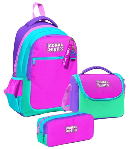 Coral High Üç Gözlü Pembe Yeşil Çok Renkli, Kız Çocuk, İlkokul Üçlü Okul Çanta Seti ürün görseli 1