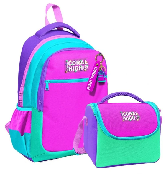 Coral HighKız Çocuklar İçin Üç Gözlü Pembe Yeşil Çok Renkli Okul Sırt Çantası ve Termal Beslenme Çantası ürün görseli 1
