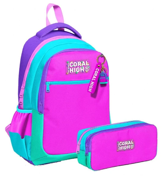 Coral High Üç Bölmeli İlkokul Sırt Çantası ve İki Bölmeli Kalemlik - Kız Çocuk - Pembe Yeşil Çok Renkli ürün görseli 1