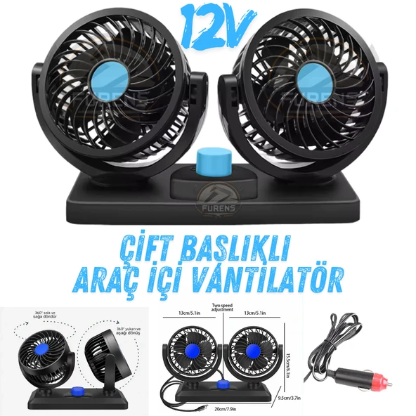 Araç İçi Vantilatör 360° Dönebilen Torpido Üstü Çift Başlıklı Vantilatör 12v Uyumlu Soğutucu Fan ürün görseli 1