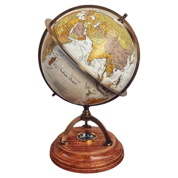 Dünya Küre Pirinç Gövde Pusulalı Ahşap Tabanlı 21x34cm 15466 ürün görseli 1