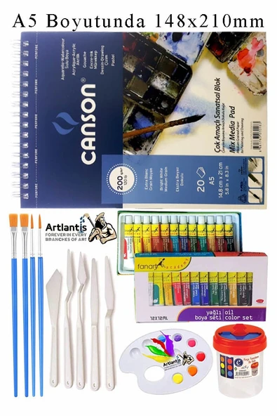Canson Çok Amaçlı Sanatsal Blok A5 200 gr 20 Yaprak 1 Adet Fanart 12 Renk Yağlı Boya Fırça Palet Spatula Fırça Temizleme ürün görseli 1