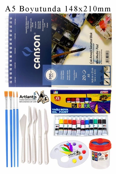 Canson Çok Amaçlı Sanatsal Blok A5 200 gr 20 Yaprak 1 Adet Mydido 12 Renk Yağlı Boya Fırça Palet Spatula Fırça Temizleme ürün görseli 1